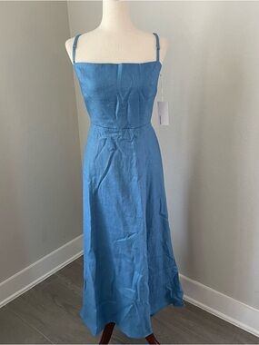 Reformation Linen Midi Dress Sleeveless Tie Back Summer Dress Dusty Blue Size 12